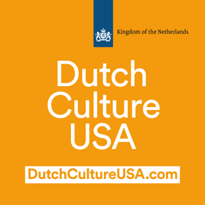 logo of Dutch Culture USA, white crown over blue rectangle with orange backrgound
